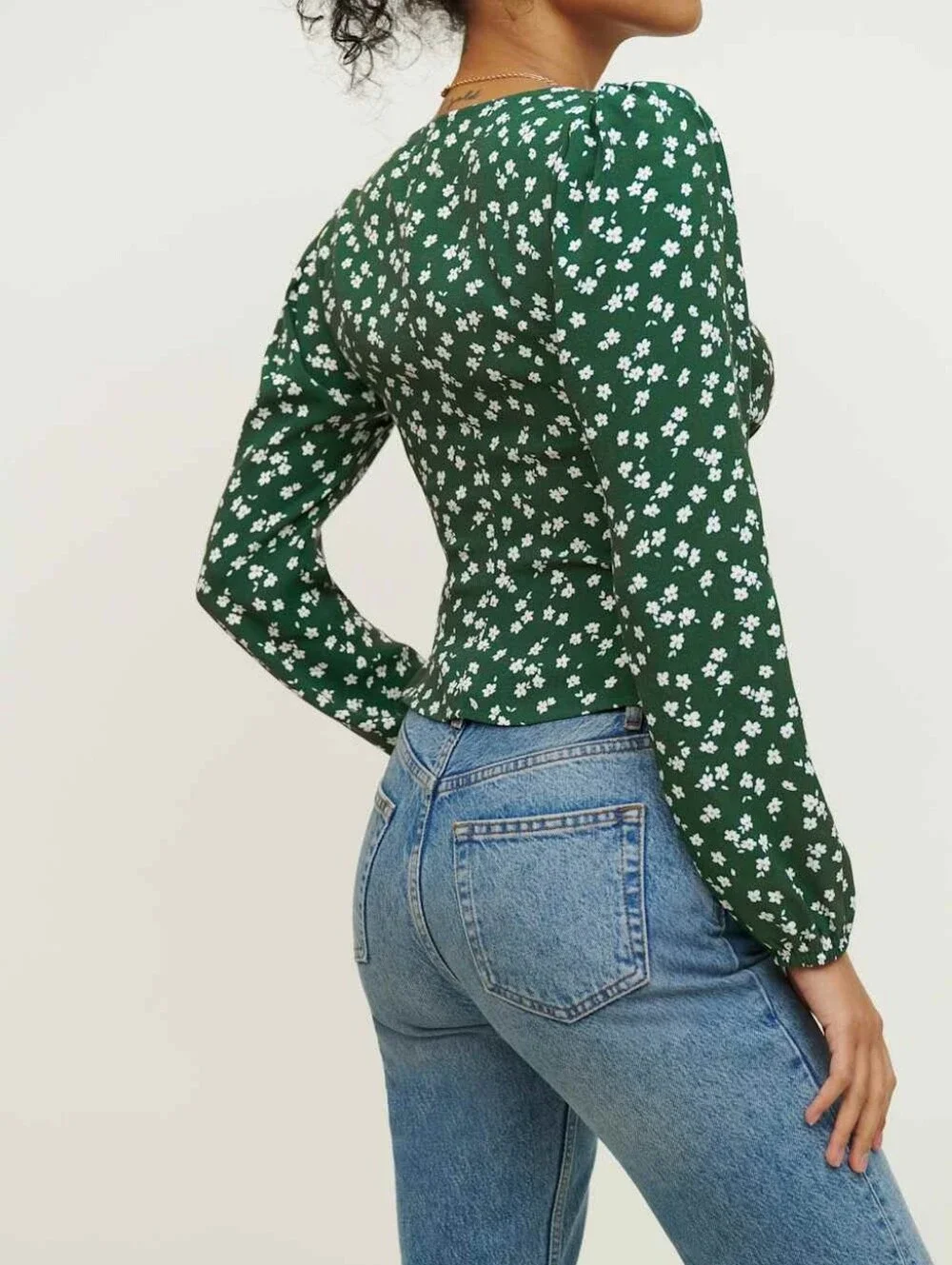 Reformation Nell Green Floral Long Sleeve Button Front Top Womens Size XS